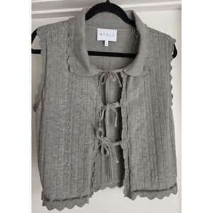 Mable Women's Sweater Vest Size L Gray Front Ties Bows Ruffles Knit